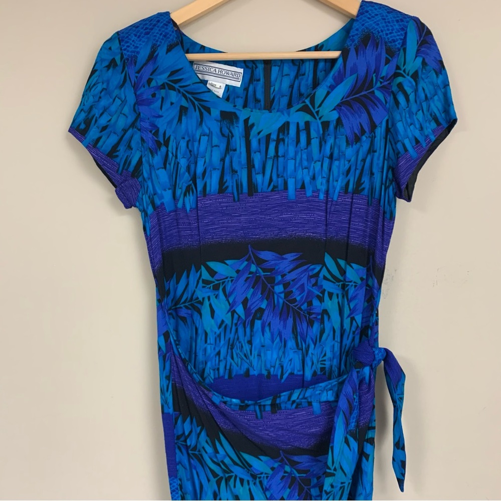 Vintage Beachy Wrap Dress Women’s 8 Blue Palm Pattern Short Sleeve Resortwear - Picture 3 of 10